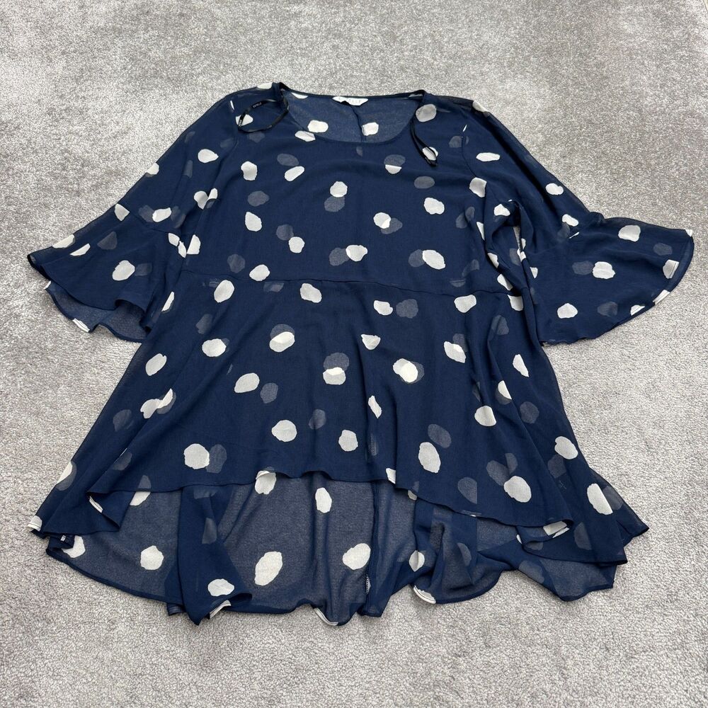 Estelle Sheer mesh Ruffle Tunic Blouse Womens 3X Navy Polka Dot Scoop Neck Top